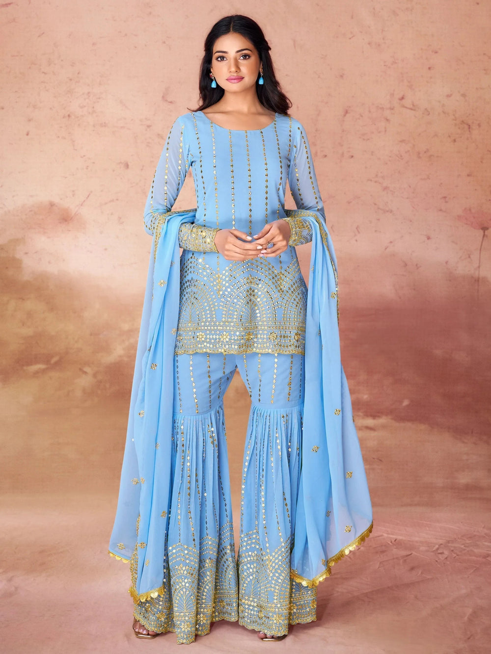 Sky-Blue Sequins Georgette Sharara Suit With Dupatta for Women