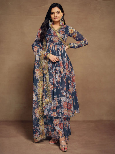 Blue Floral Printed Chiffon Festival Wear Palazzo Suit for Women