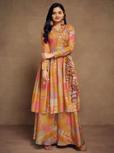 Glamorous Mustard Yellow Digital Printed Muslin Silk Palazzo Suit for Women