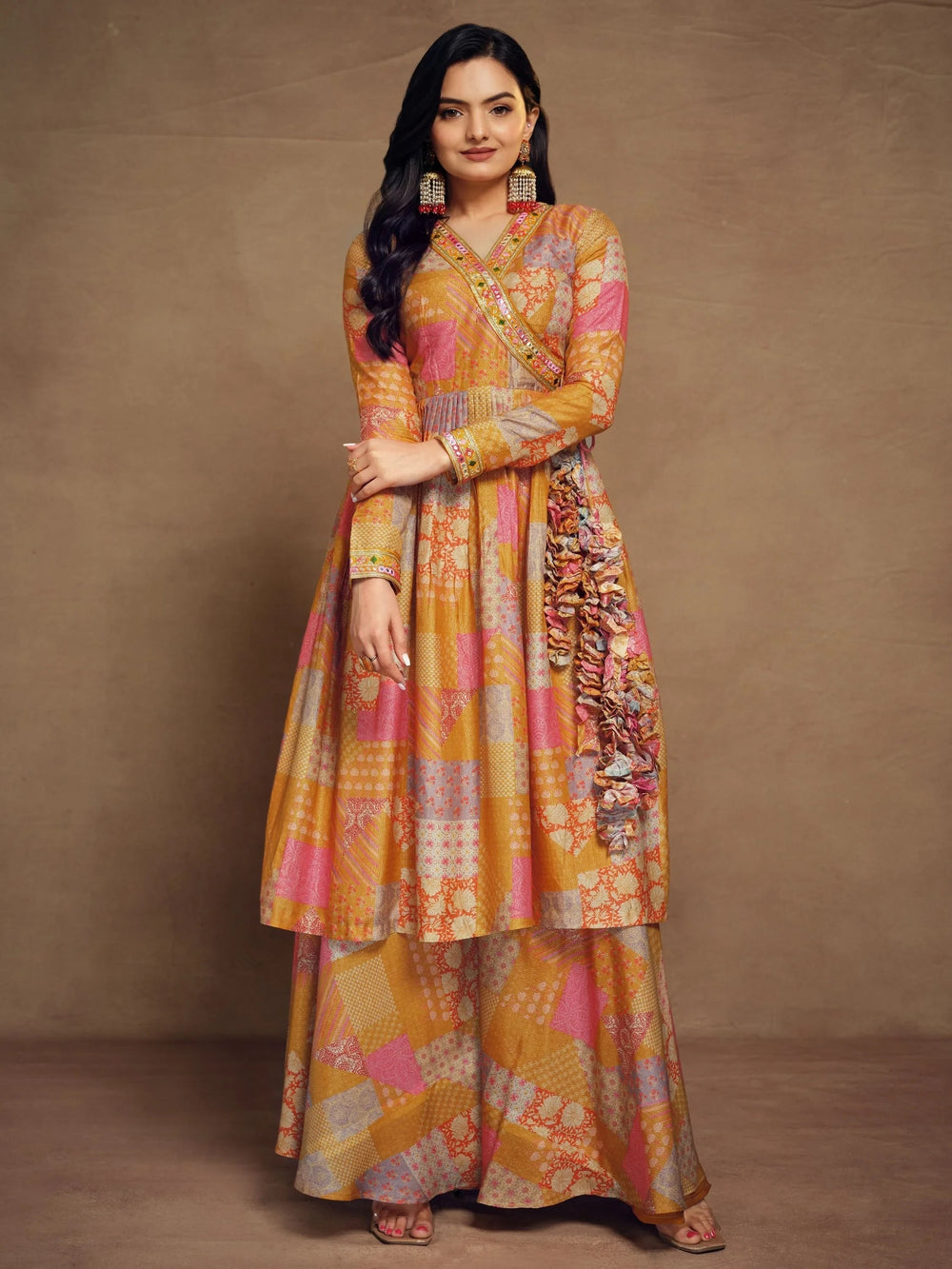 Glamorous Mustard Yellow Digital Printed Muslin Silk Palazzo Suit for Women