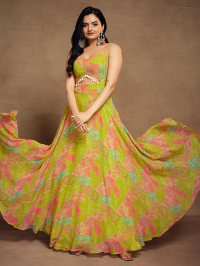 Light Green Digital Printed Georgette Party Wear Gown for Women