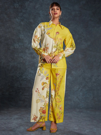 Yellow Floral Printed Linen Casual Wear Co-Ord Set