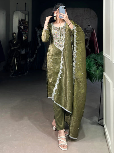 Olive Green Thread Embroidered Mehendi Wear Pant Suit