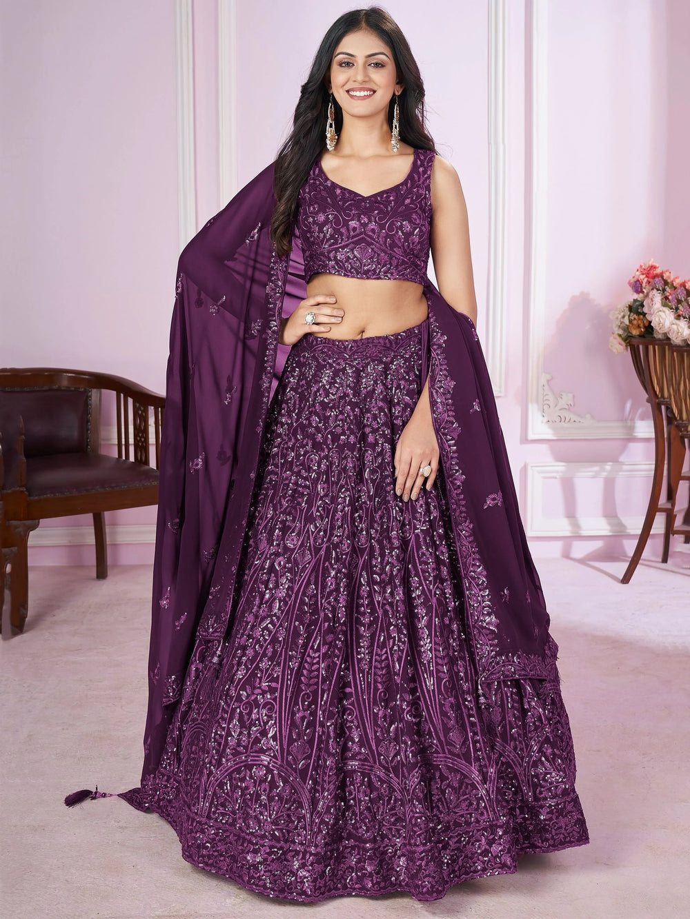 Purple Iconic Sequins Georgette Wedding Lehenga Choli Festive Collection