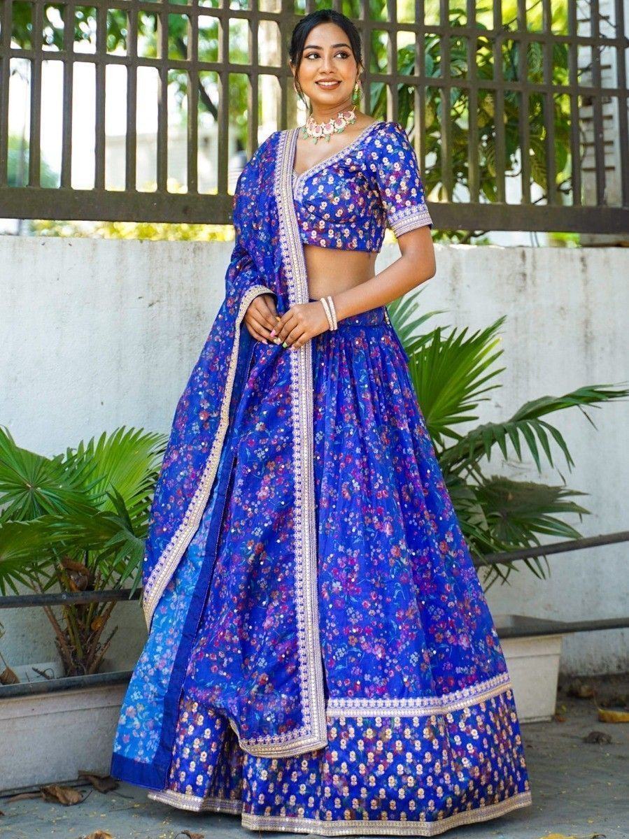 Blue Floral Printed Organza Reception Lehenga Choli for Ladies