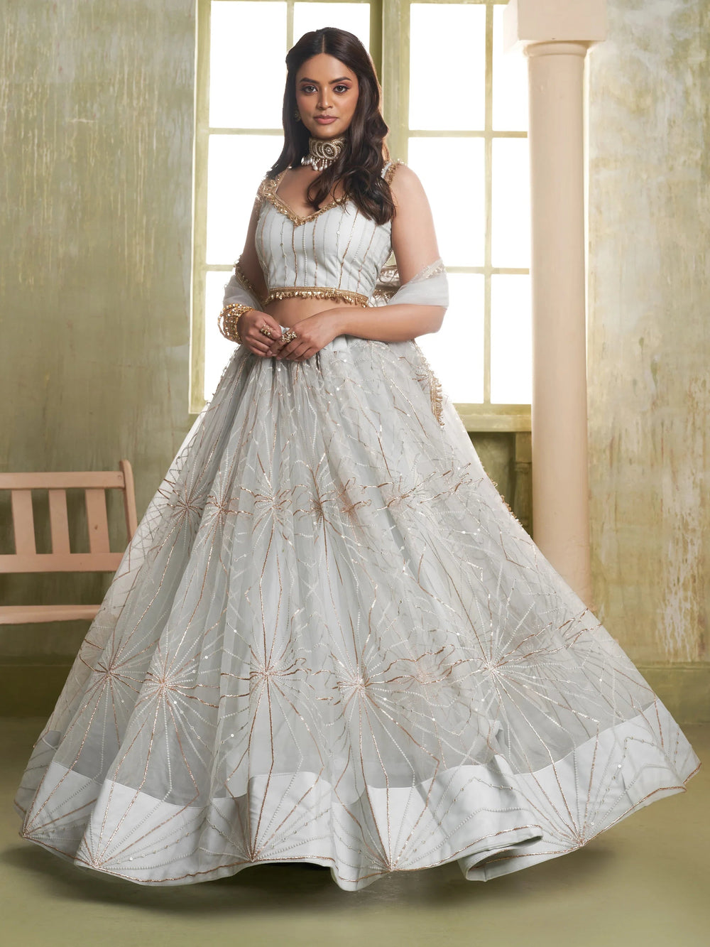 Light Grey Sequins Net Engagement Wear Lehenga Choli for Women