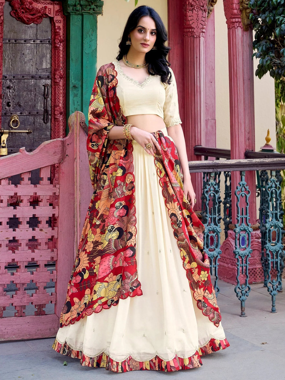 Vichitra silk embroidered lehenga choli with sequins work and dupatta for festival wear