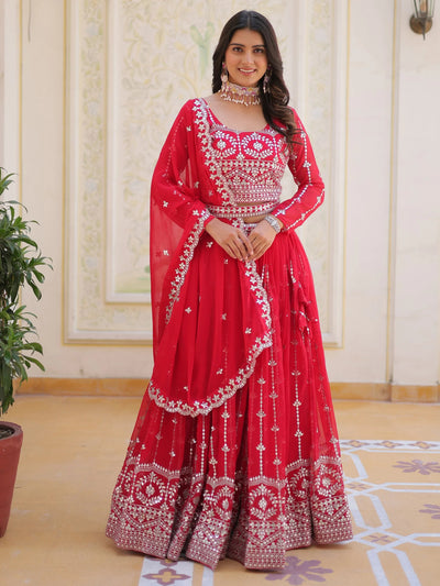 Pink Sophisticated Thread Embroidered Georgette Wedding Lehenga Choli for Women