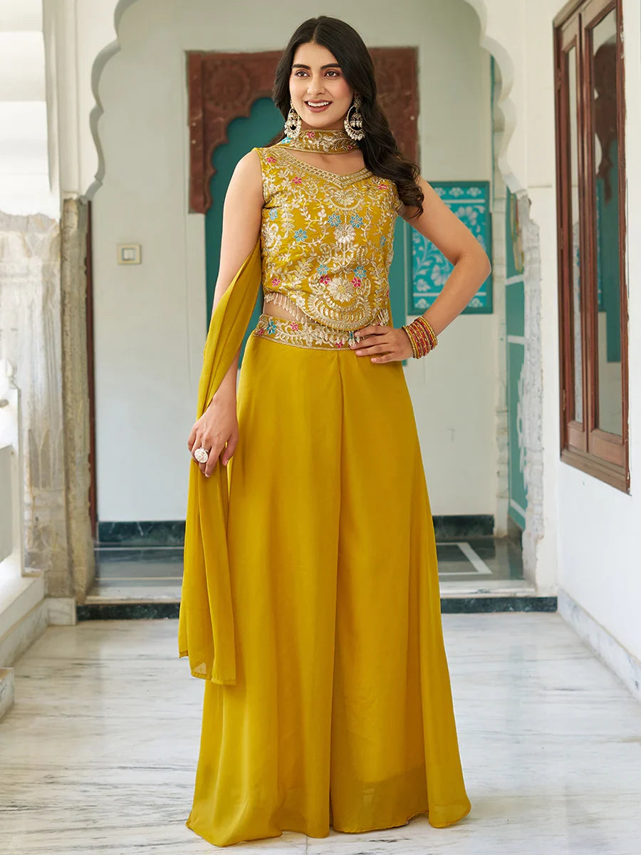 Yellow Stunning Thread Embroidered Mehendi Wear Palazzo Suit for Women