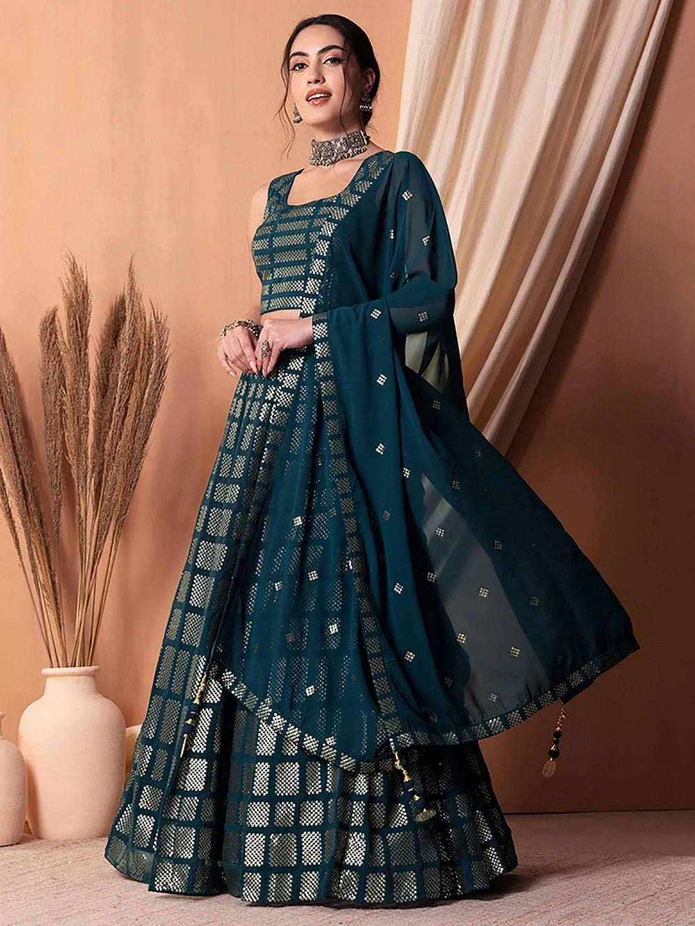 Captivating Teal Blue Sequins Georgette Party Lehenga Choli for Women