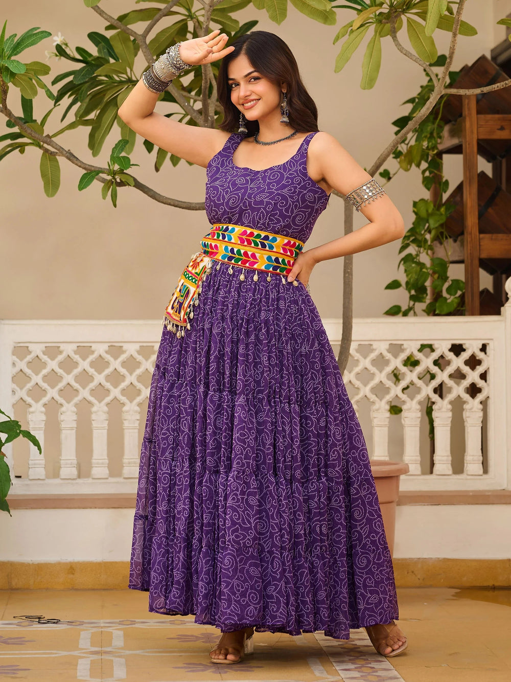 Purple Bandhani Print Georgette Navratri Wear Gown for Women