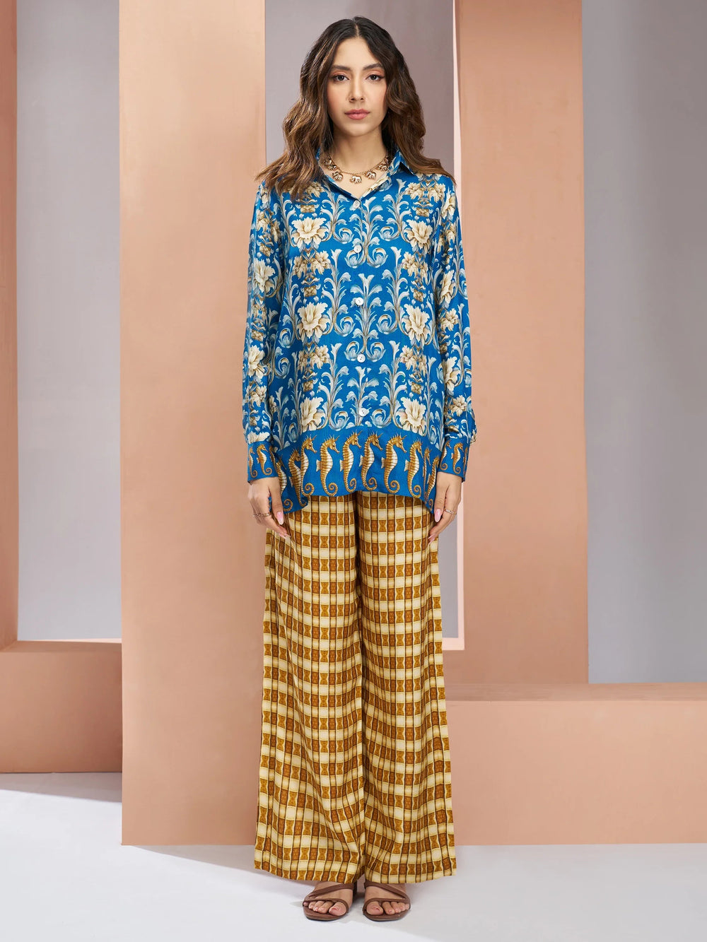 Royal Blue Floral Printed Silk Casual Wear Co-Ord Set