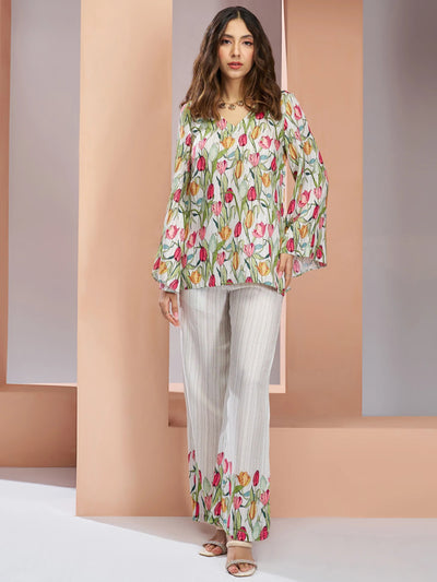 White Floral Printed Muslin Silk Office Wear Co-Ord Set