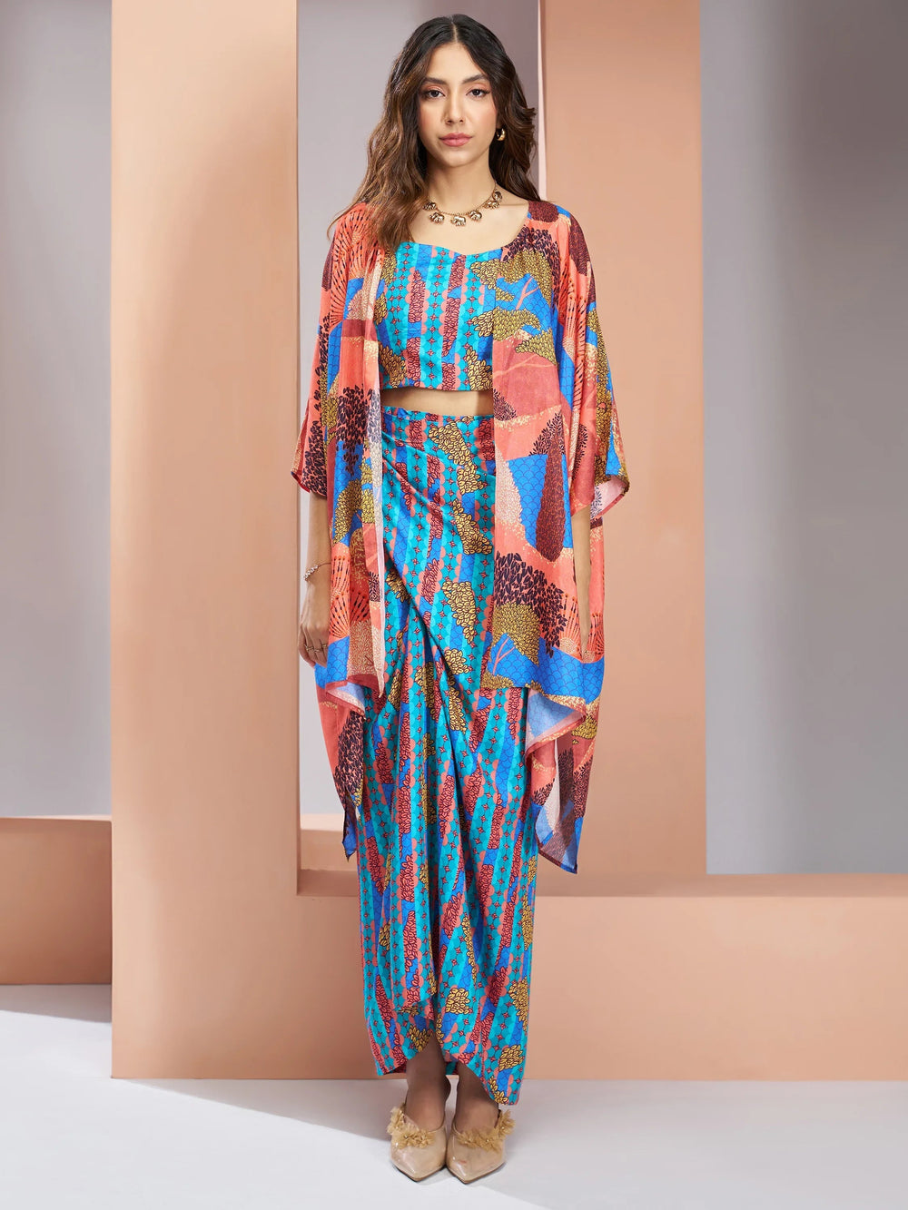 Aqua Blue Digital Printed Silk Party Wear Co-Ord Set