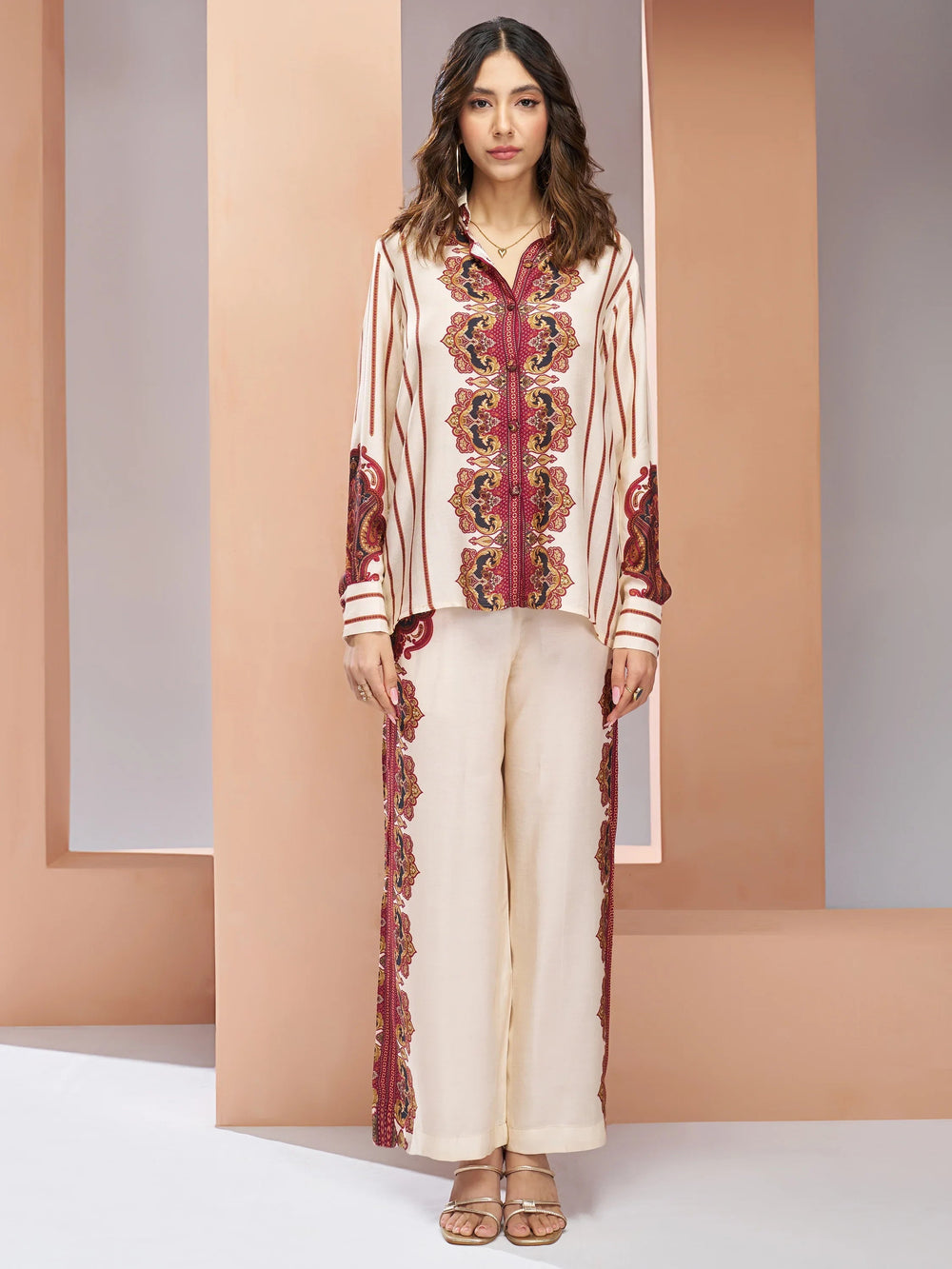 Cream Digital Printed Muslin Silk Casual Wear Co-Ord Set