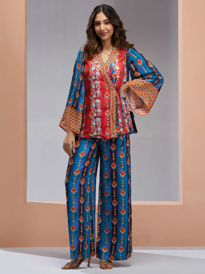 Navy Blue Digital Printed Muslin Silk Party Wear Co-Ord Set