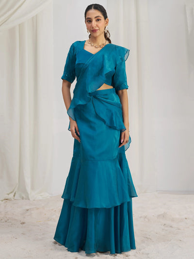 Teal Organza Pre-Stitched Ruffle Saree With Hand Work Blouse