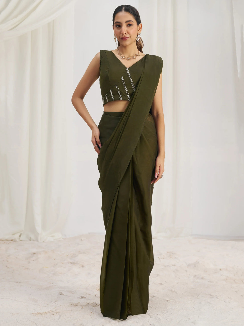 Olive Organza Pre-Stitched Ruffle Saree With Hand Work Blouse