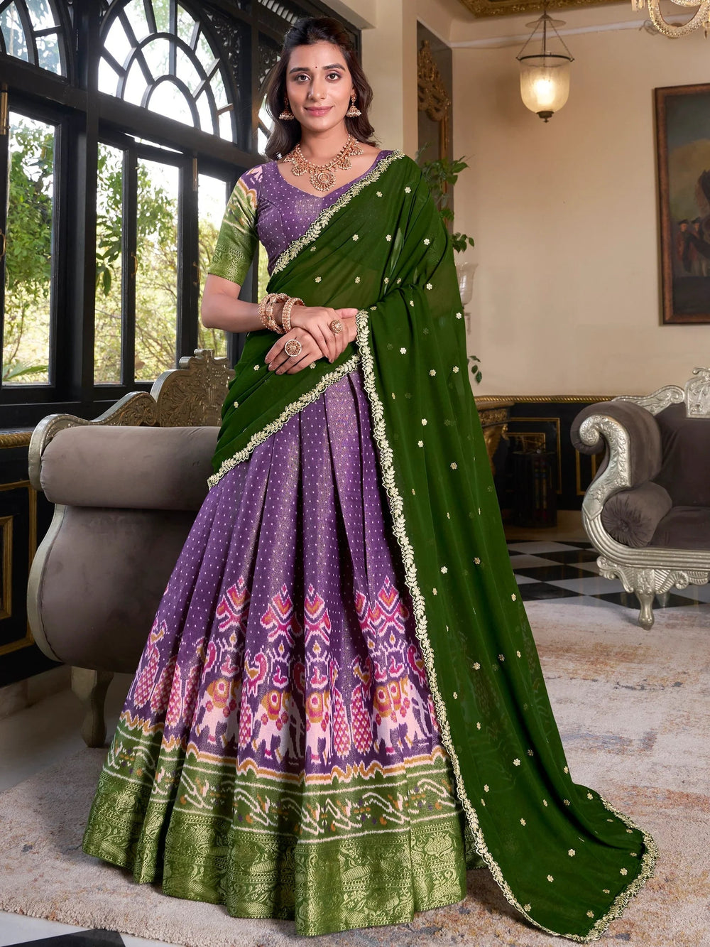 Purple Silk Ikat Print Wedding Lehenga Choli With Dupatta