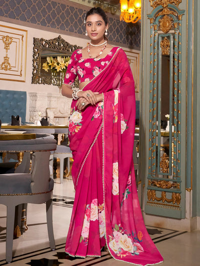 Pink Floral Print Traditional Saree With Blouse