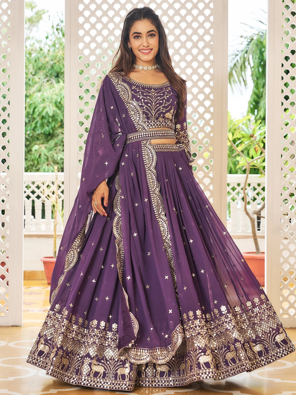 Purple Sequins Georgette Lehenga Choli With Dupatta for Women