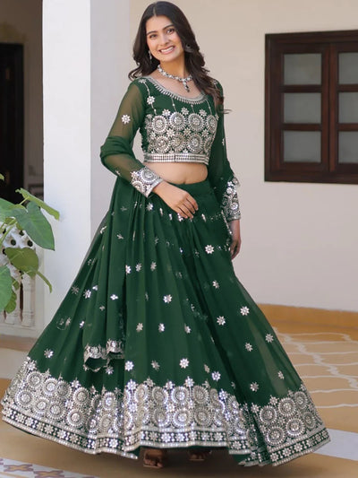 Green Eye-Catching Sequins Georgette Haldi Wear Lehenga Choli for Women
