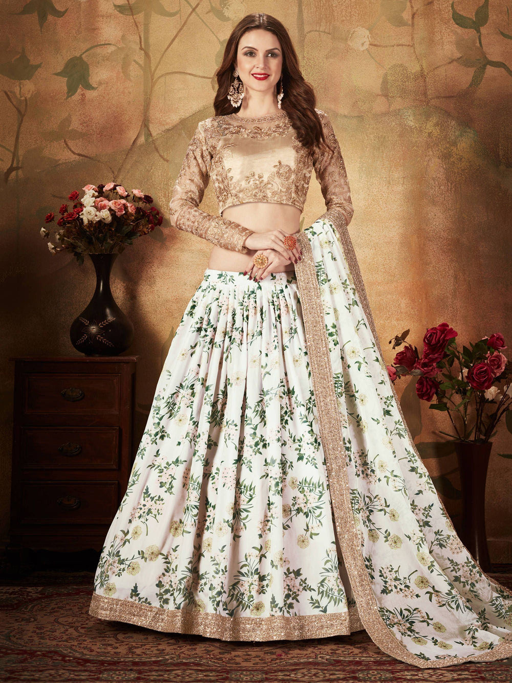 White Floral Digital Printed Organza Wedding Lehenga Choli for Women