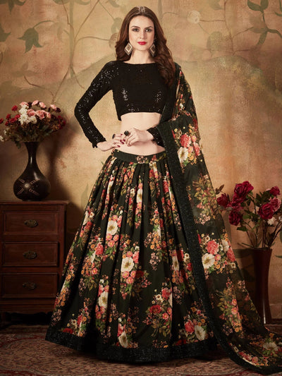 Black Floral Digital Printed Organza Party Lehenga Choli Occasion Wear