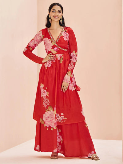 Red Floral Printed Chinon Designer Palazzo Suit for Women