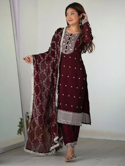 Maroon Superb Thread Work Silk Reception Wear Pant Suit With Dupatta