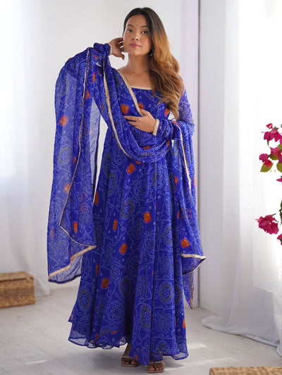 Royal Blue Bandhej Printed Georgette Festive Wear Anarkali Suit for Women