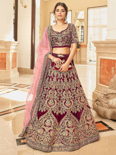 Maroon Embroidered Velvet Bridal Lehenga Choli Occasion Wear