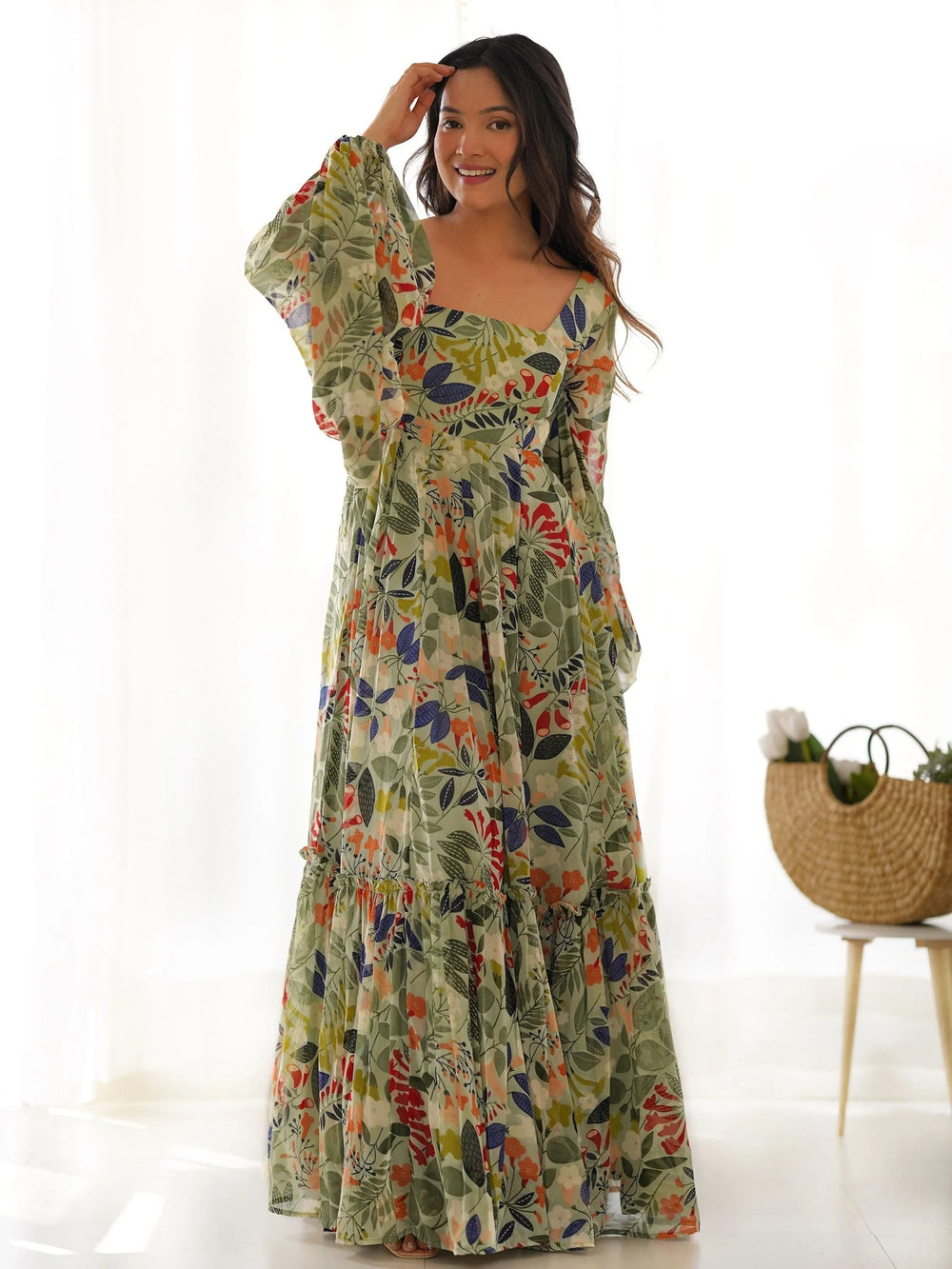 Green Digital Printed Georgette Festival Wear Gown for Women