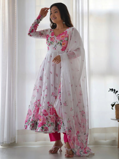 White Floral Printed Organza Event Wear Anarkali Suit for Women