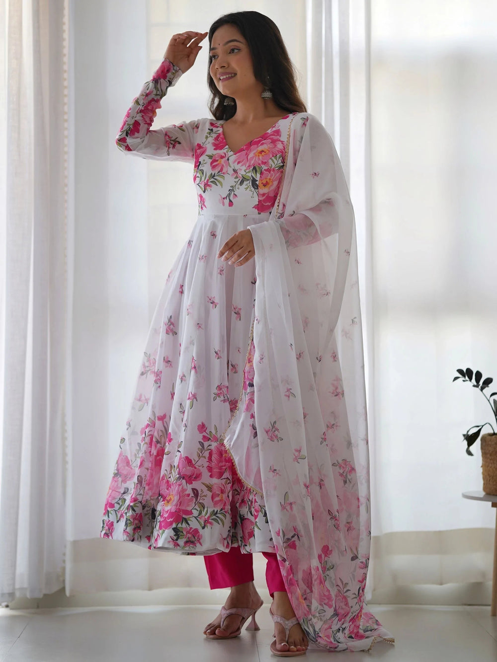 White Floral Printed Organza Event Wear Anarkali Suit for Women