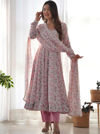 Pink Lovable Digital Printed Chiffon Festival Wear Anarkali Suit for Women