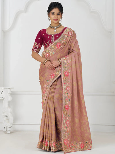 Peach Multi-Thread Work Viscose Silk Reception Wear Saree