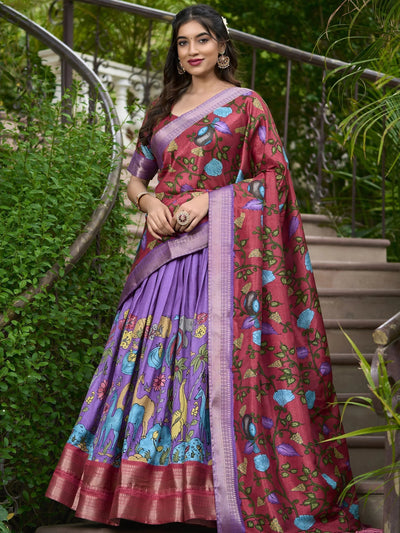 Lavender Dola Silk Kalamkari Printed Function Lehenga Choli