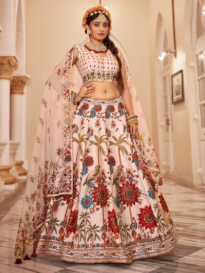 Off-White Printed Traditional Lehenga Choli With Organza Dupatta for Women