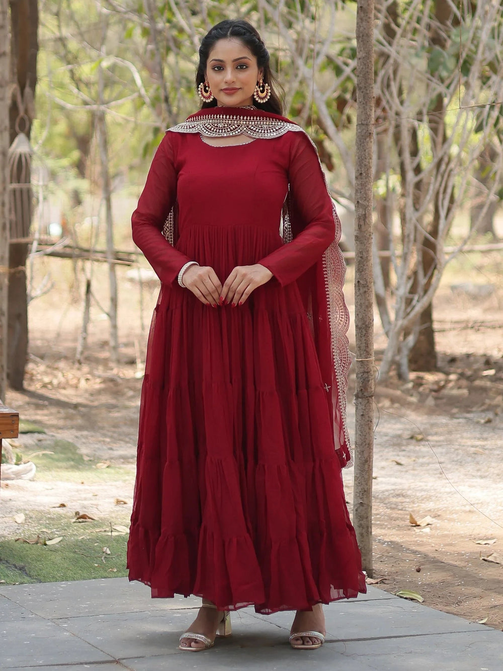 Maroon Georgette Festival Wear Gown With Dupatta