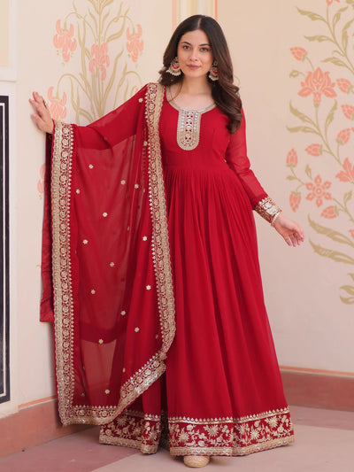 Maroon Georgette Zari Embroidered Gown With Dupatta