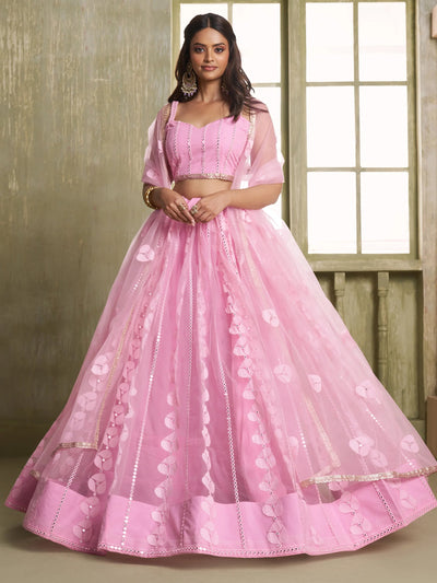 Pink Thread Embroidered Net Lehenga Choli With Dupatta for Women
