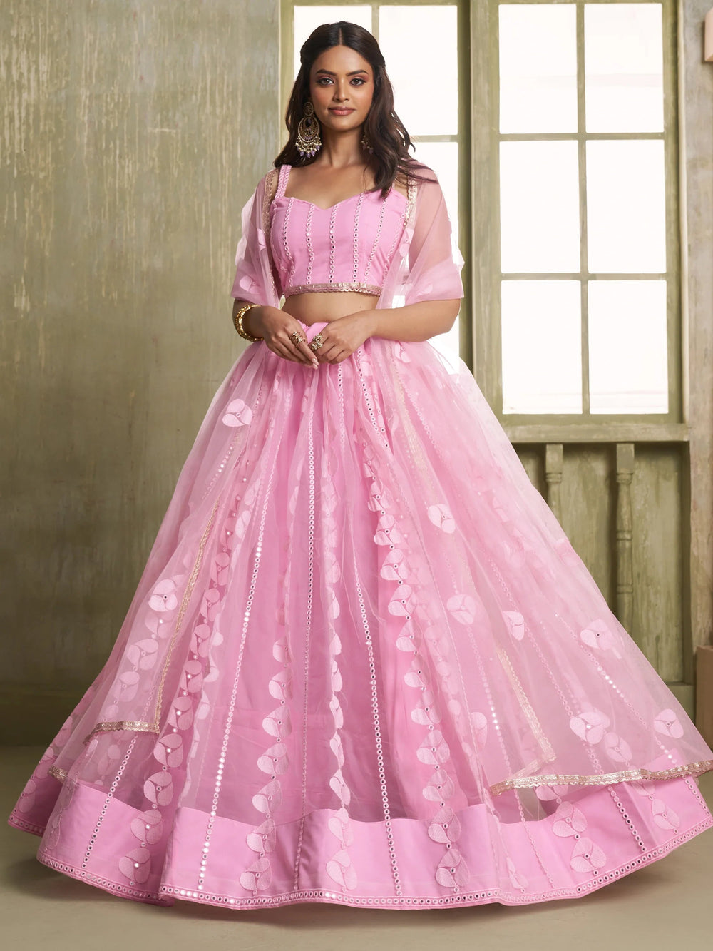 Pink Thread Embroidered Net Lehenga Choli With Dupatta for Women