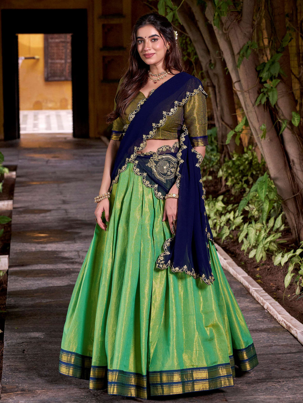 Green Kanchipuram Silk Zari Weaving Half Saree Lehenga