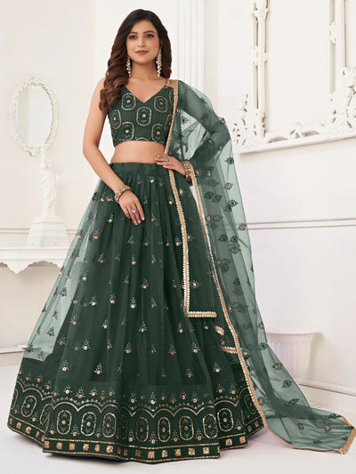 Green Gorgeous Sequins Net Mehendi Wear Lehenga Choli With Dupatta for Women