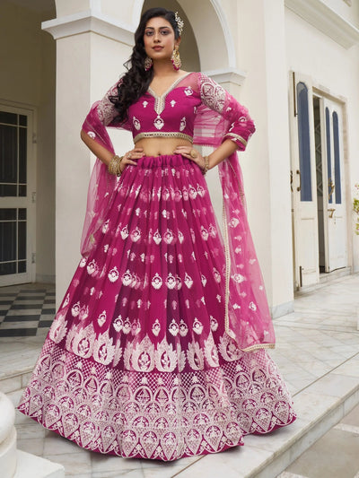 Rani Pink Thread Work Net Sangeet Wear Lehenga Choli for Women