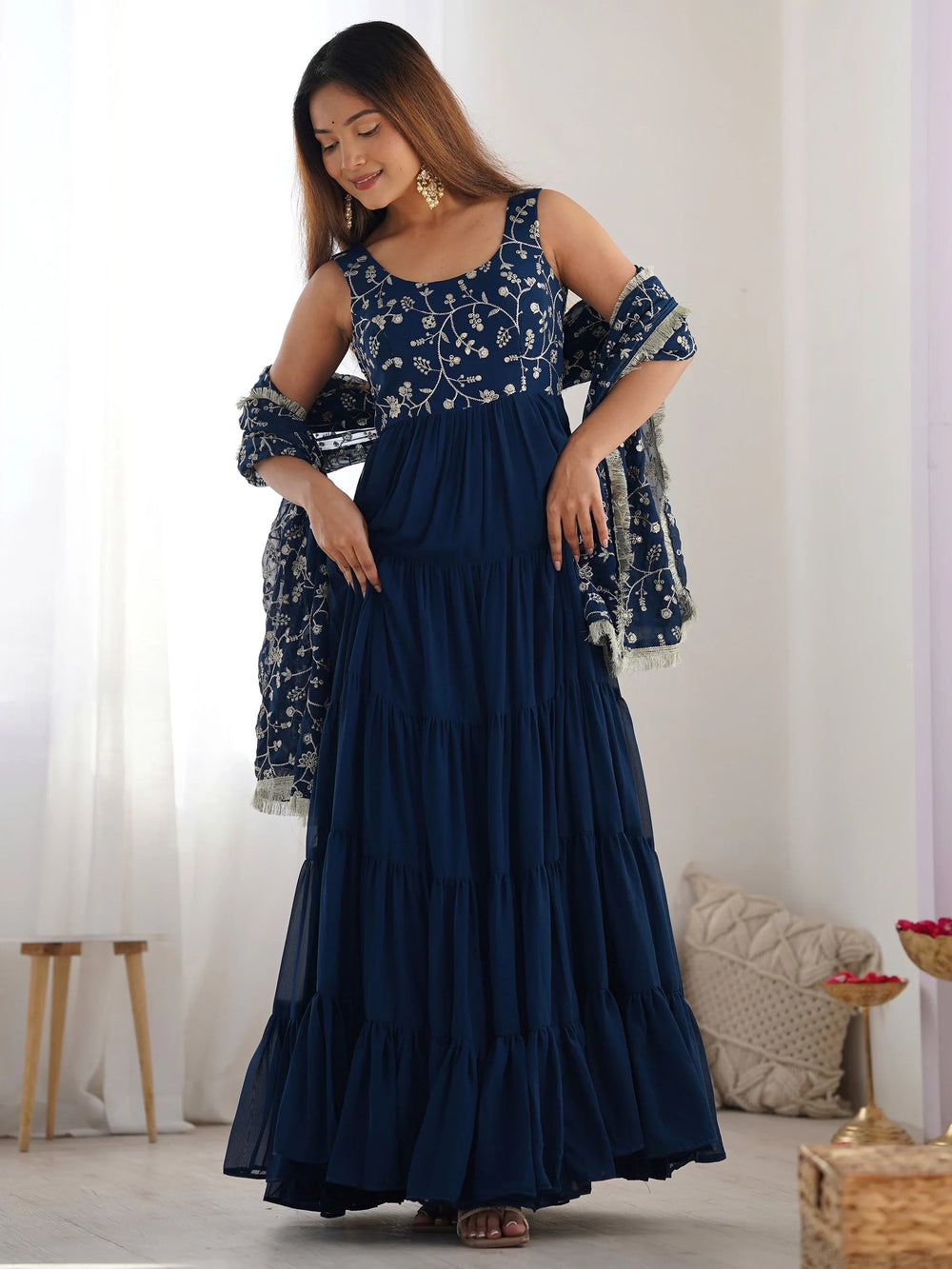 Teal Embroidered Georgette Anarkali Gown With Dupatta for Women