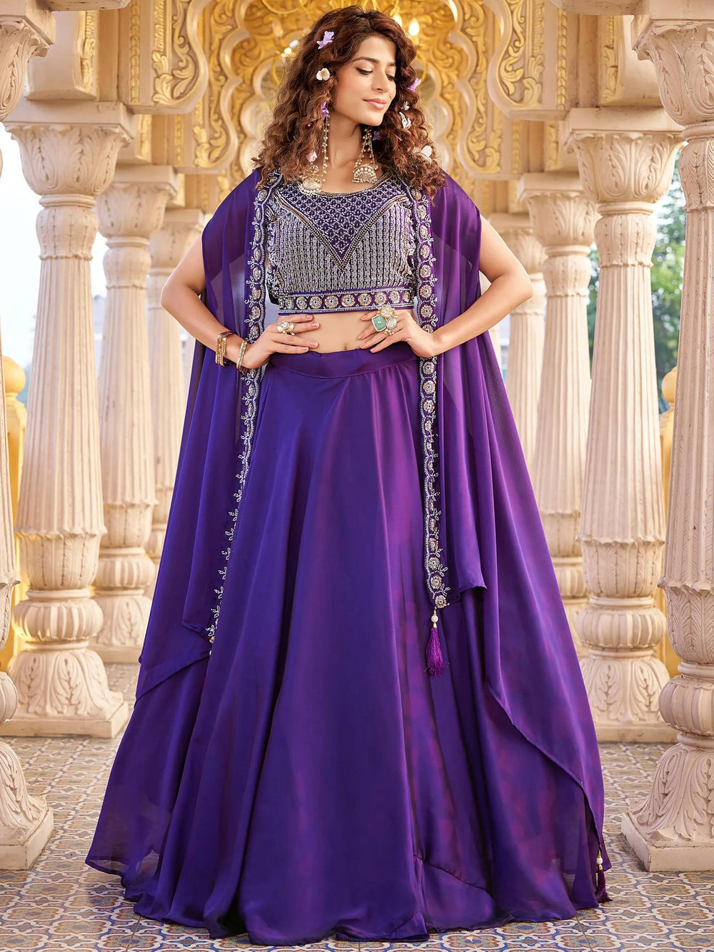Purple Luxurious Beads Work Silk Function Wear Cape Lehenga Choli for Women