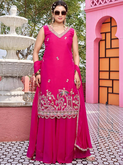 Pink Function Wear Georgette Embroidered Palazzo Suit for Women
