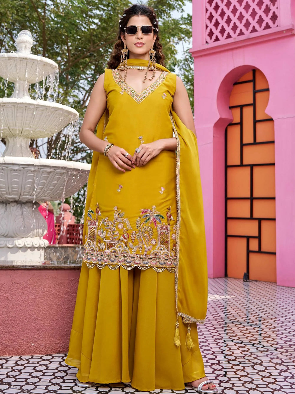 Yellow Function Wear Georgette Embroidered Palazzo Suit for Women